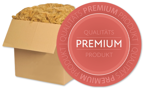 Bild von Stopfwolle in einem Karton mit einem Icon: "Qualität Premium Produkt"